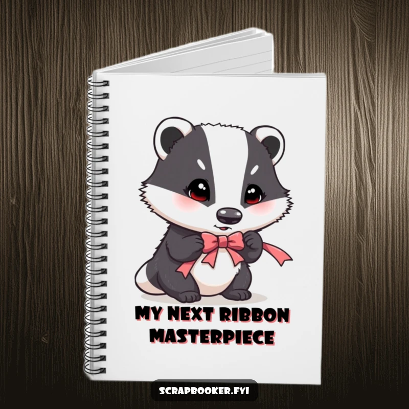 Funny notebook with a determined badger crafting a ribbon accent, symbolizing organized creativity and attention to detail.