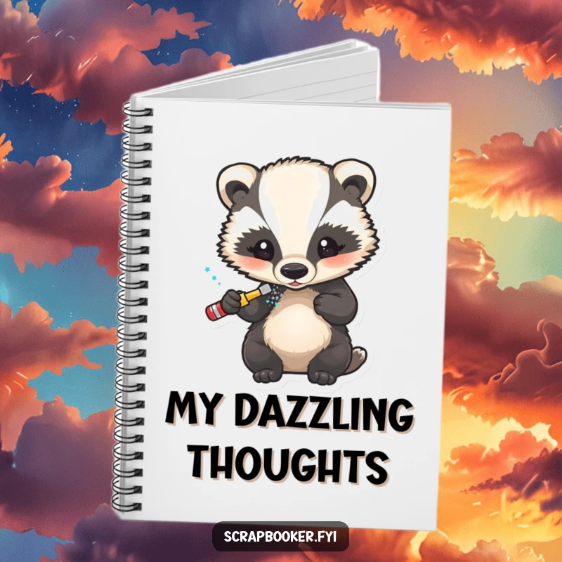 Funny notebook showcasing a little badger carefully applying glitter to a finished design, great for journaling.