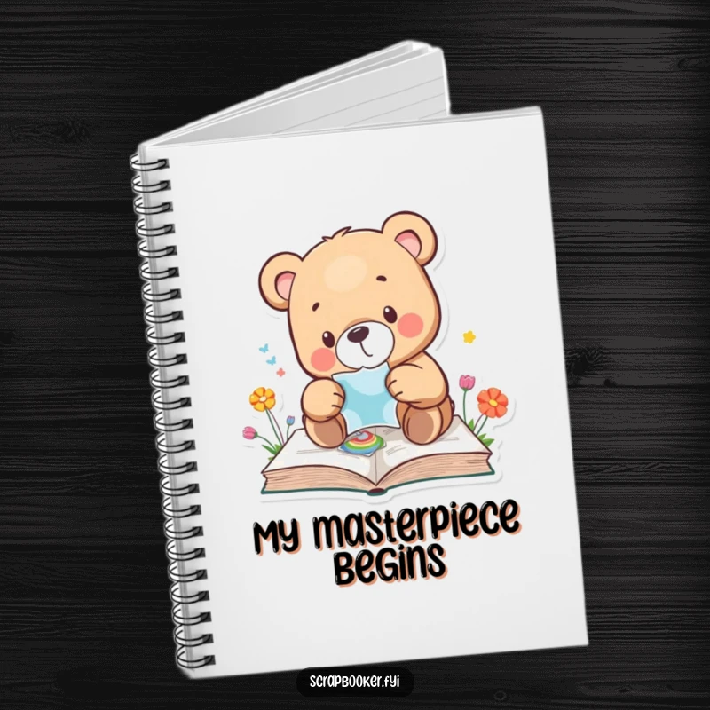 Funny bear notebook with a bear carefully applying a sticker, ideal for journaling and creative notes. Great gift.