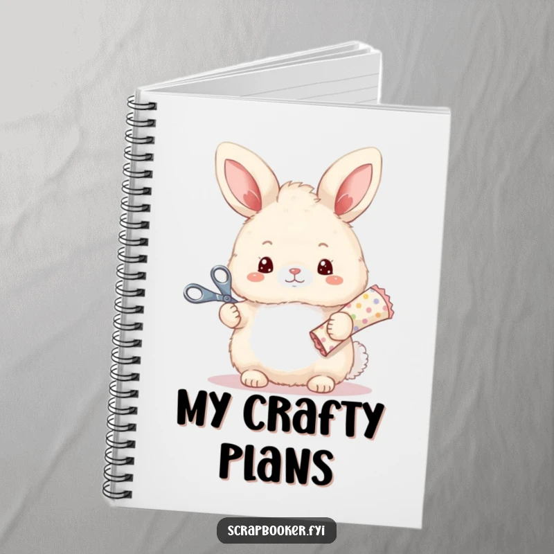 Funny notebook with a bunny holding crafting tools, perfect for planning creative projects and jotting down ideas.