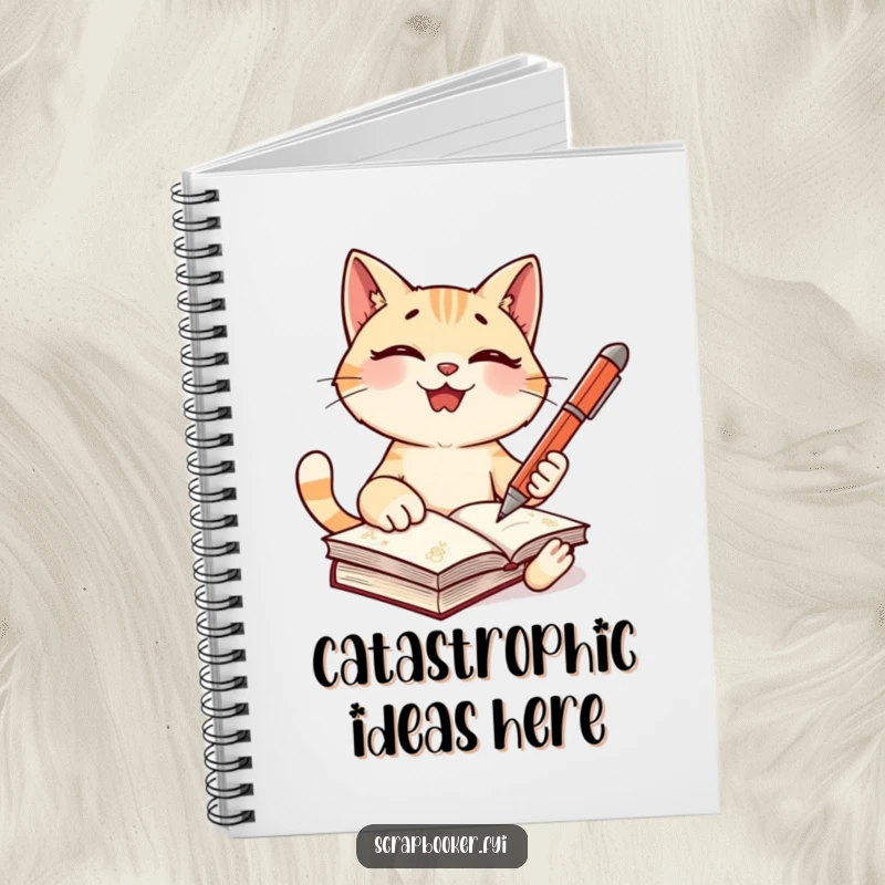 Funny cat notebook with a giggling character holding a pen, ready to write in a journal, perfect for creative note-taking.