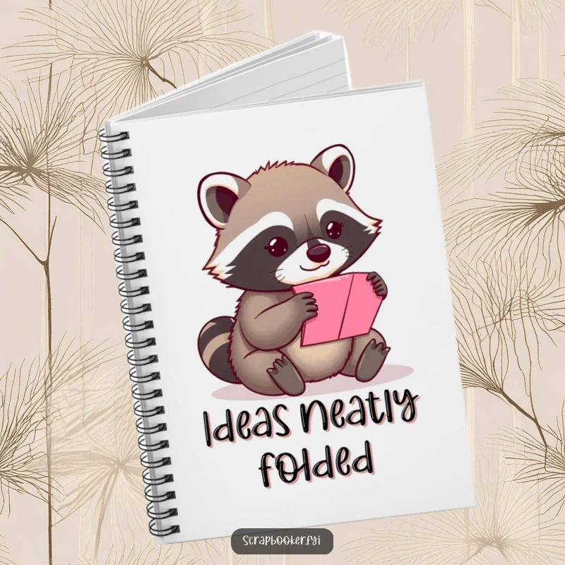 Funny content raccoon carefully folding a colorful piece of paper on the cover of a notebook.