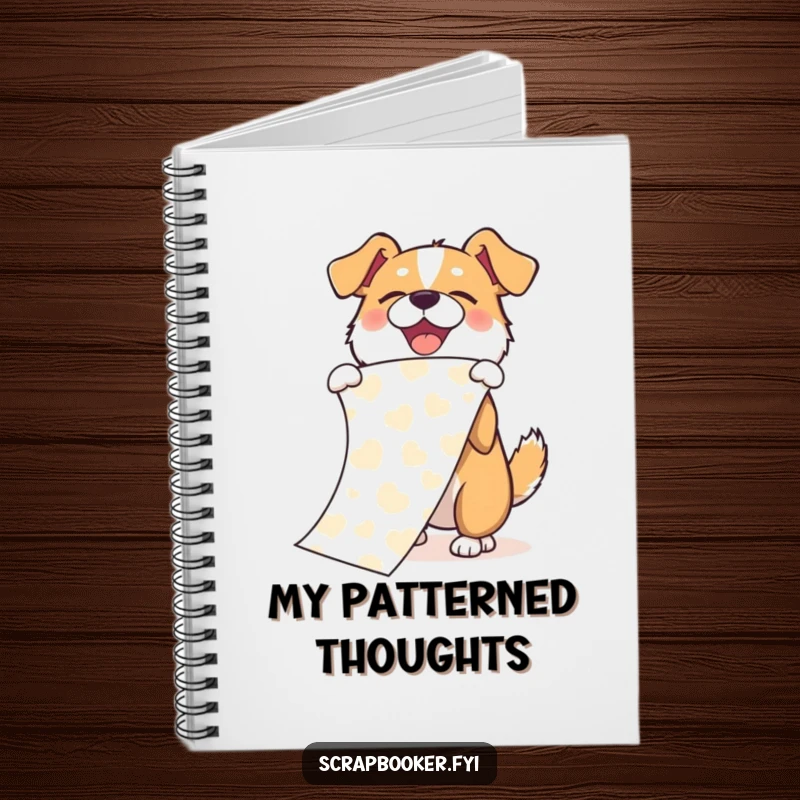 Funny notebook featuring a joyful dog enthusiastically unfurling a long, patterned paper scroll with a playful flourish.