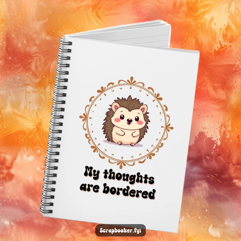 Funny hedgehog notebook with a cheerful character drawing a border, perfect for creative note-taking.