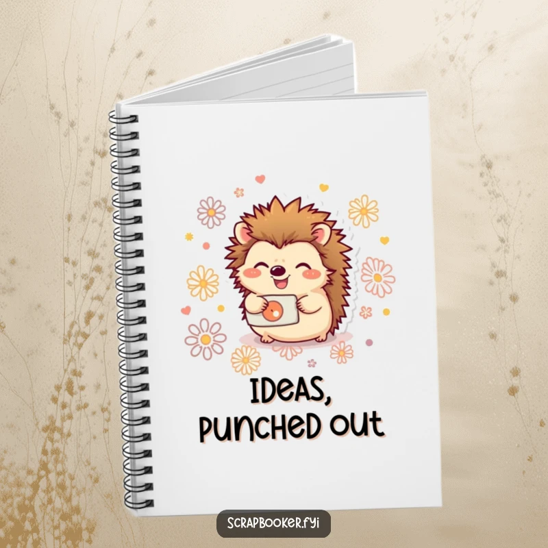 Funny notebook showcasing a joyful hedgehog using a hole punch to create decorative patterns, great for journaling.