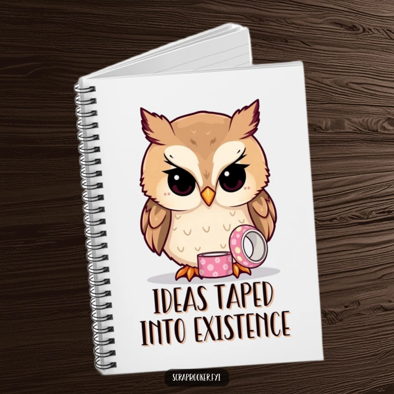 Funny owl tape notebook with a curious owl examining patterned tape, ideal for journaling and notes.
