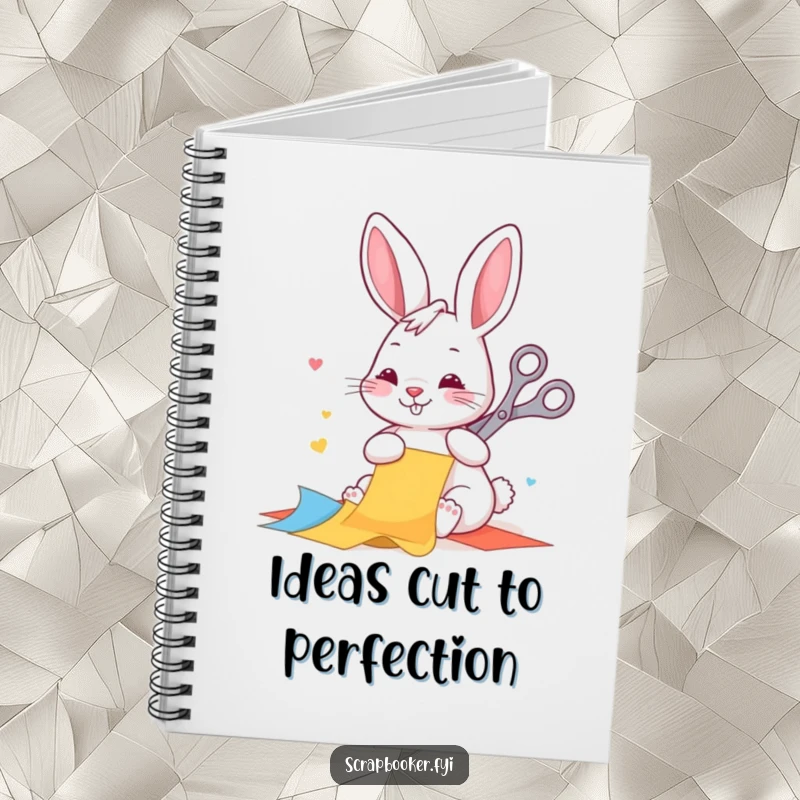 Funny notebook with a happy rabbit diligently cutting colorful paper with scissors, perfect for capturing creative thoughts and sketches.