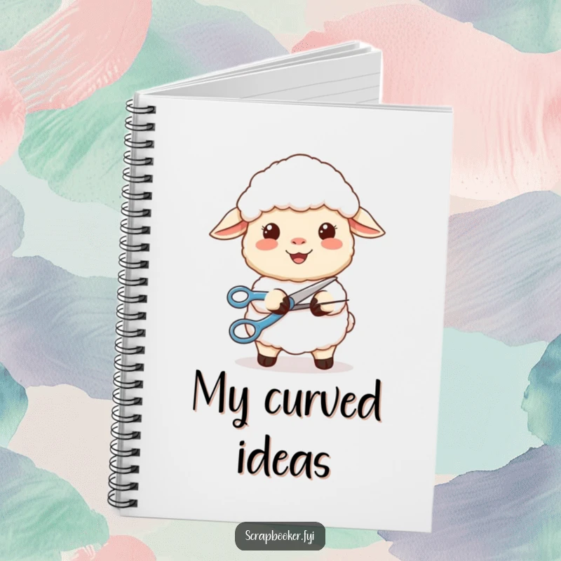 Funny notebook featuring a content sheep smiling while using scissors to cut a perfect curve, inspiring calm creativity.