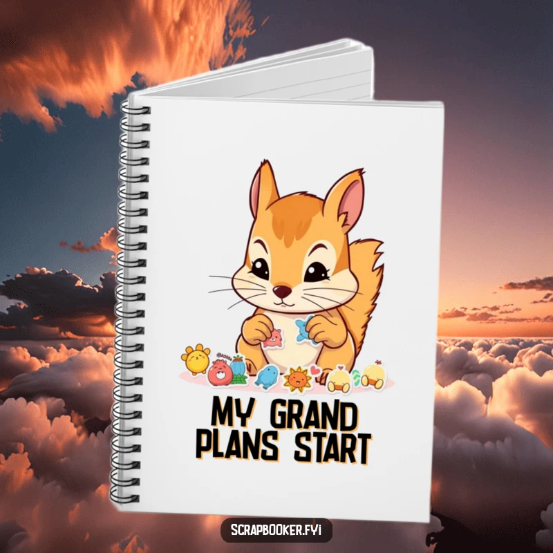 Funny notebook showcasing a focused squirrel arranging stickers, great for journaling, planning, and creative writing.
