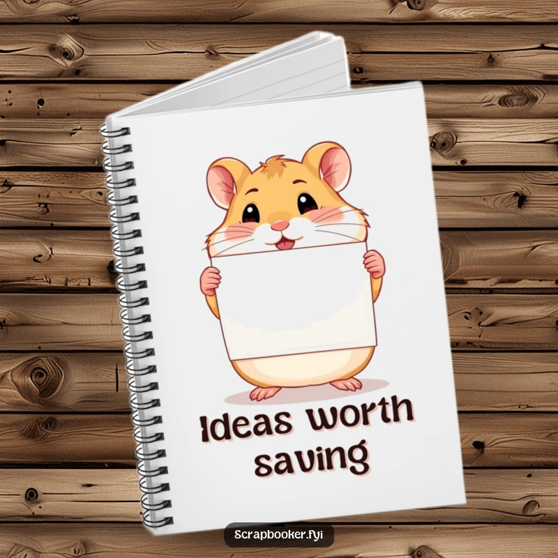 Funny proud hamster holding a finished scrapbook page on the cover of a notebook, perfect for planning.