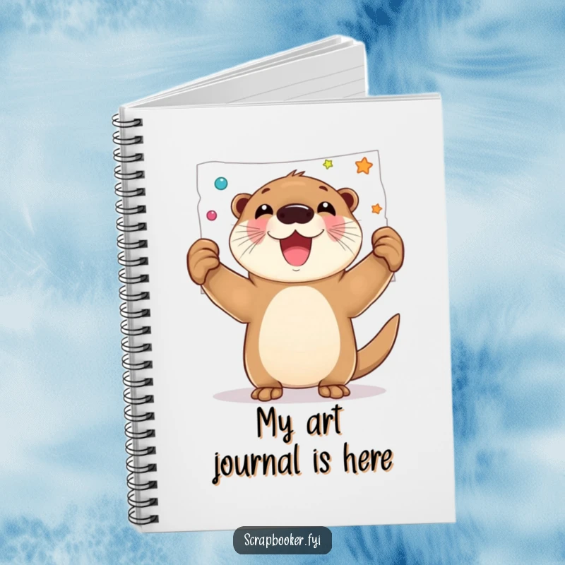 Funny notebook with a joyful otter proudly displaying a decorated page, perfect for journaling creative ideas.