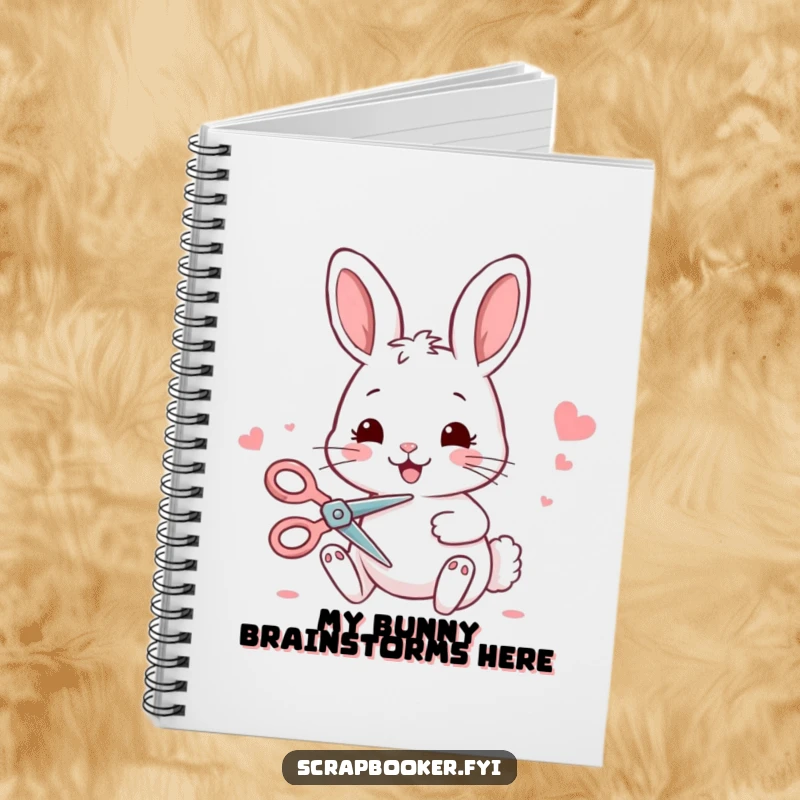 Funny bunny crafting notebook with a smiling bunny using scissors, perfect for note-taking and creative ideas.