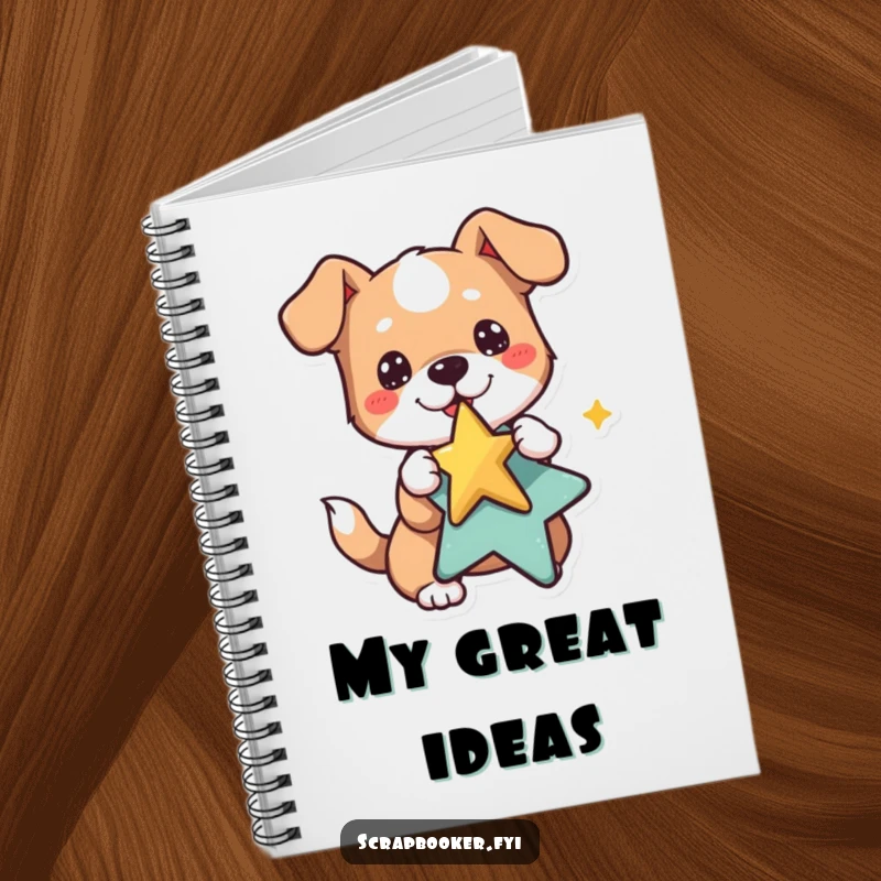 Funny dog notebook featuring a playful dog pasting a star sticker, perfect for writing down happy thoughts.