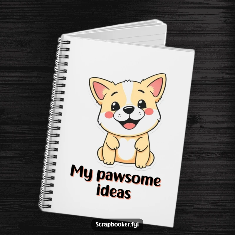 Funny notebook with a smiling dog using a stamp to create a cute design on a blank page, ideal for creative notes.
