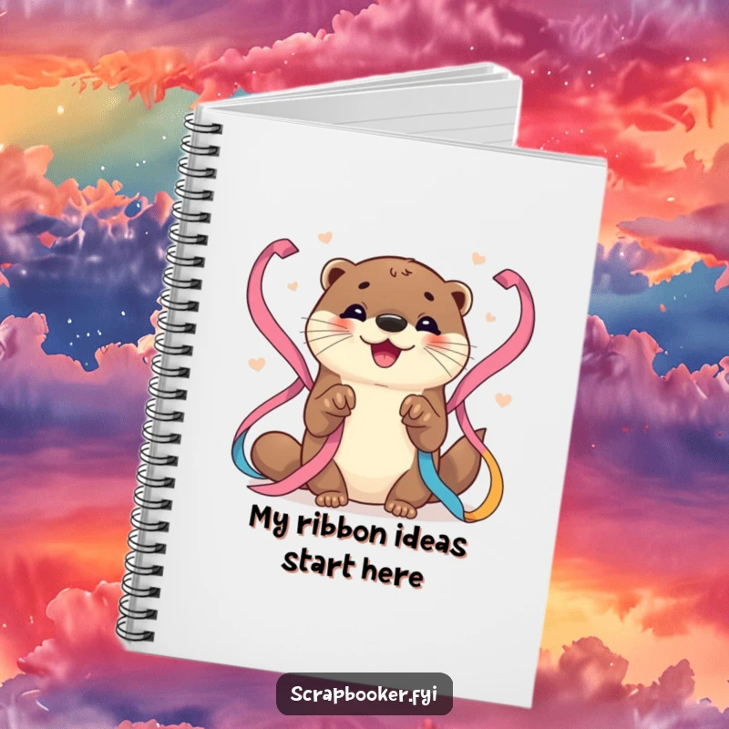Funny Otter Notebook: Cover features a joyful otter artist focused on arranging colorful ribbons, inspiring creativity for note-taking.