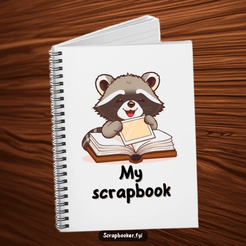 Funny Raccoon Notebook cover with a delighted raccoon pasting a photo into a book, perfect for jotting ideas.