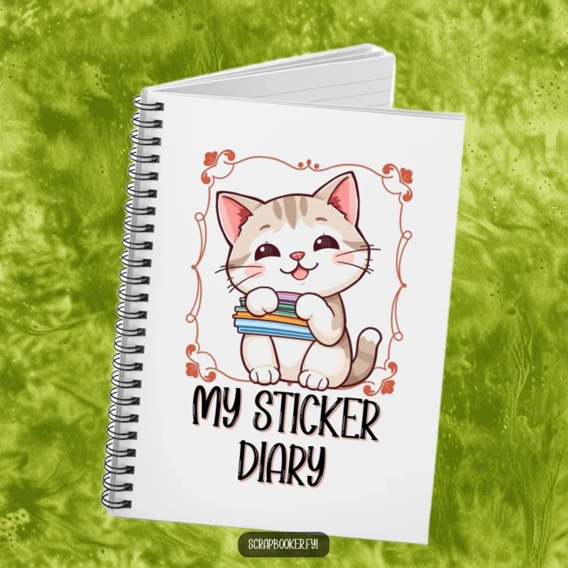 Funny notebook with a cheerful cat holding stickers, perfect for jotting down notes and creative ideas.