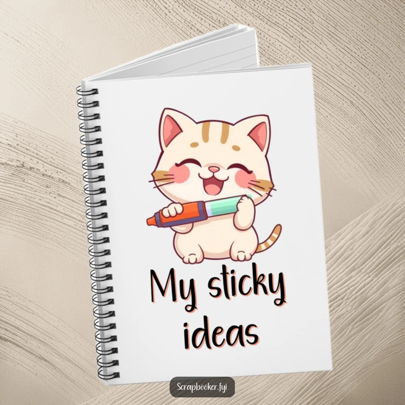 Funny Cat Notebook: A smiling cat happily using a glue stick, ideal for jotting notes and sketching, a humorous stationery gift.