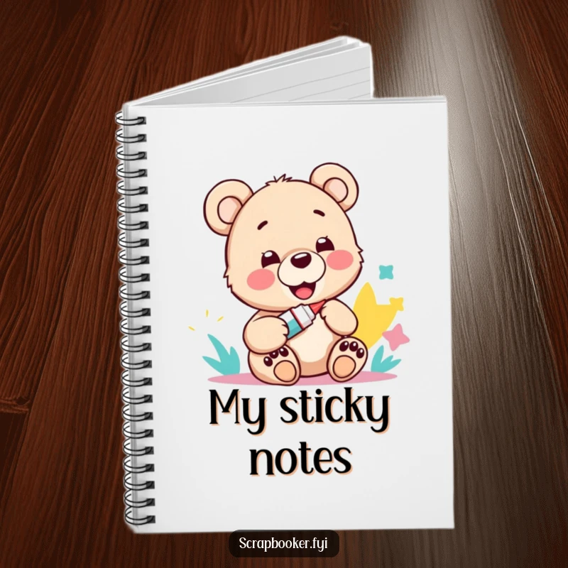 Funny notebook with a happy bear cub holding a glue stick, perfect for sketching and planning art projects.