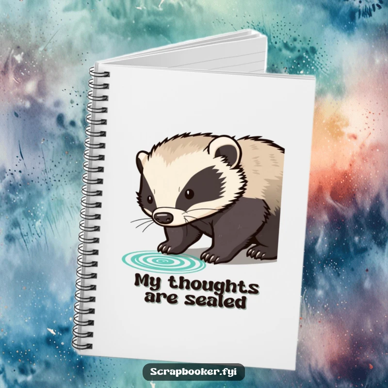 Funny determined badger pressing rubber stamp with clear impression, on a notebook cover, perfect for official note-taking.