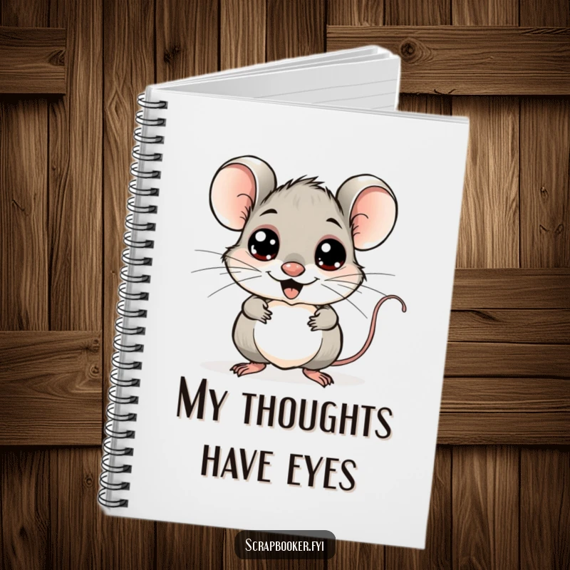 Funny mouse notebook, cheerfully adding googly eyes to a whimsical drawing, perfect for jotting creative ideas.