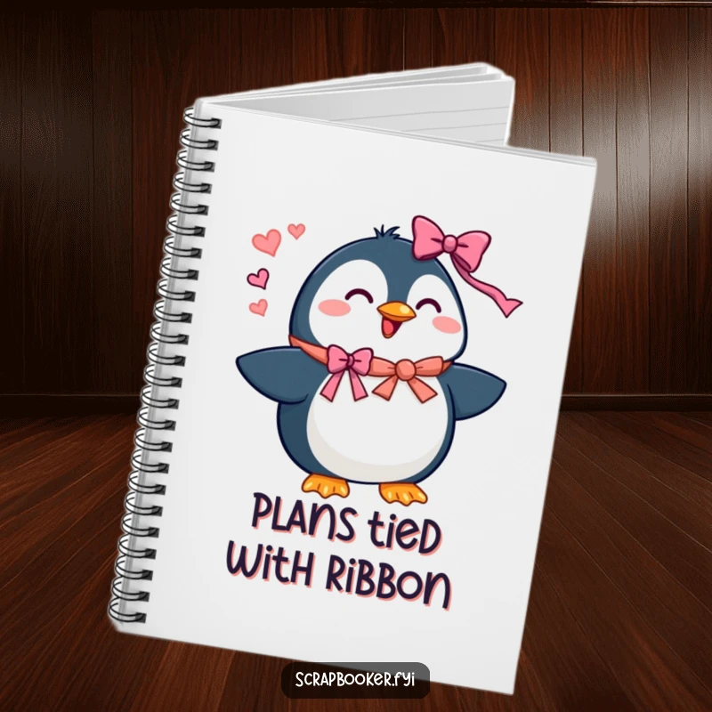 Funny penguin notebook with a beaming character adding ribbons and bows, perfect for festive planning.
