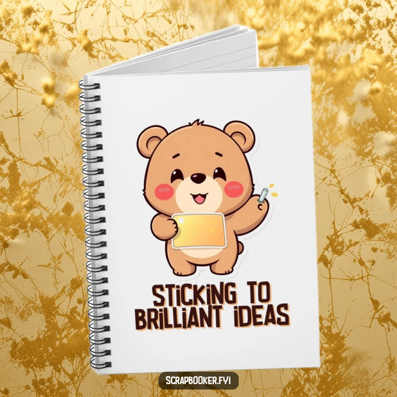 Funny notebook with a cheerful bear carefully gluing a shiny sticker into place, perfect for capturing creative thoughts and sketches.