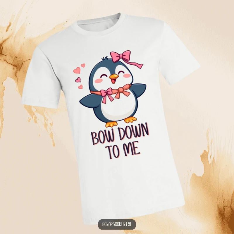 Funny penguin t-shirt of a beaming character adding ribbons and bows, perfect for festive apparel.