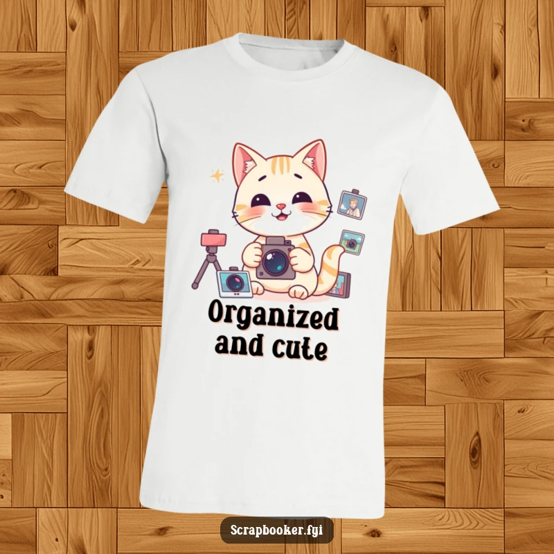 Funny T-Shirt featuring a happy, focused cat organizing photographs, embodying meticulous memory keeping.