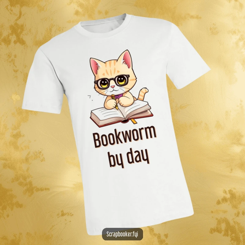 Funny cat t-shirt featuring an elegant cat using a fancy bookmark to save its place in a book, embodying literary sophistication and feline grace.