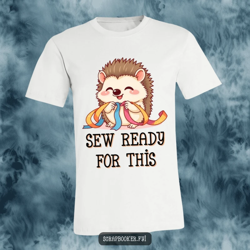 Funny hedgehog craft t-shirt featuring a giggling hedgehog threading ribbon, perfect for DIY lovers and as a funny gift.