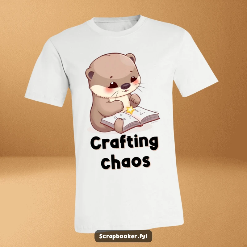 Funny t-shirt with a cute otter character focused intently on gluing a shiny embellishment to a craft page, bringing humor to apparel.