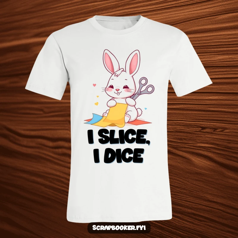 Funny T-shirt featuring a happy rabbit diligently cutting colorful paper with scissors, celebrating creativity and artistic expression.