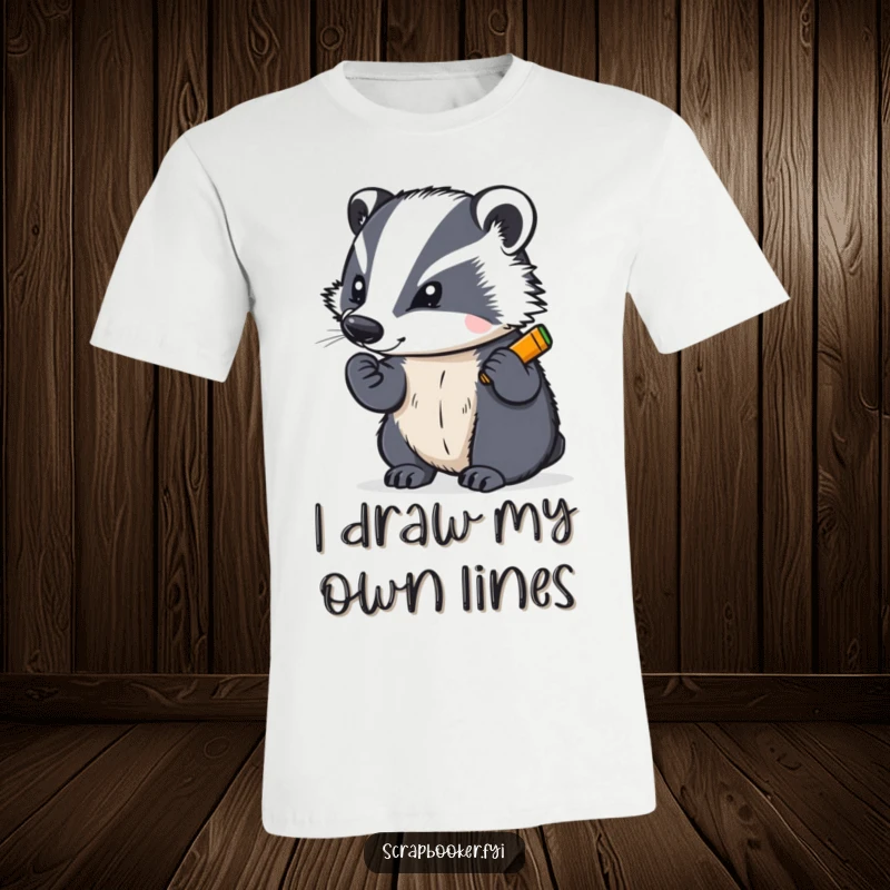 Funny T-shirt featuring a determined badger writing with a bright crayon, highlighting artistic passion and unwavering resolve.