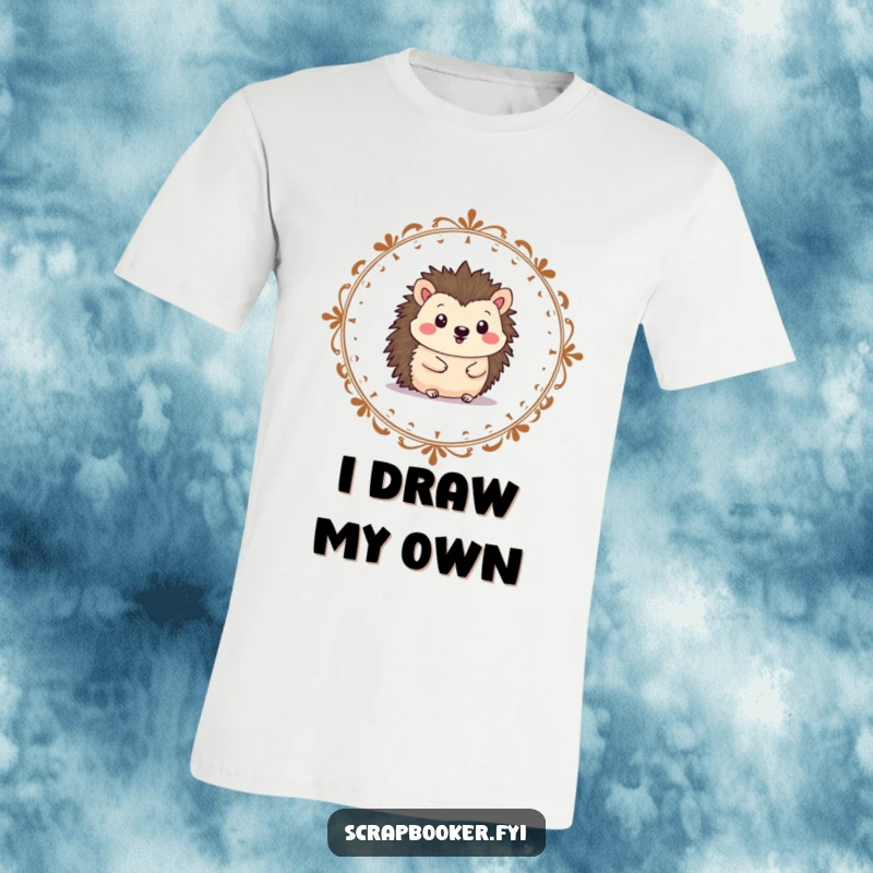 Funny hedgehog t-shirt of a cheerful character drawing a decorative border, perfect for creative apparel.
