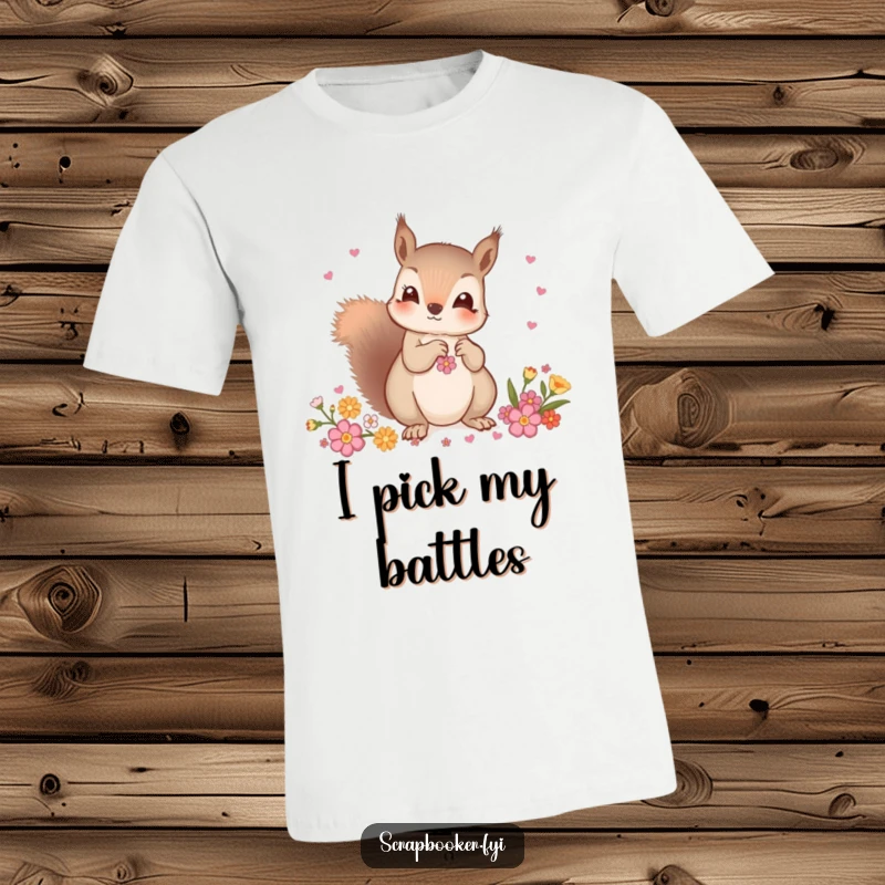 Funny T-shirt featuring a curious squirrel carefully choosing decorative embellishments, highlighting a love for detail and unique style.