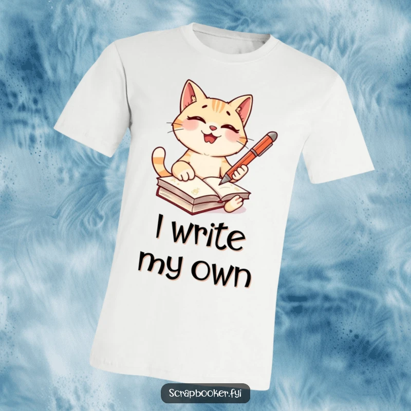 Funny cat t-shirt of a giggling character holding a pen, ready to write in a journal, perfect for writers.