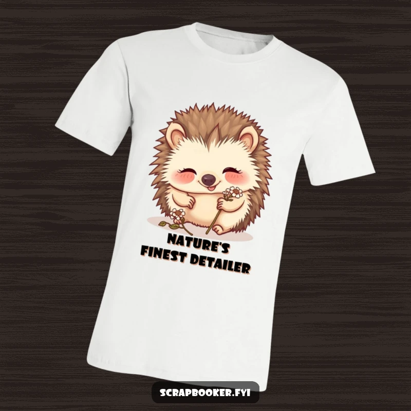 Funny hedgehog t-shirt, giggling with delight while carefully placing a delicate dried flower, promoting nature art.