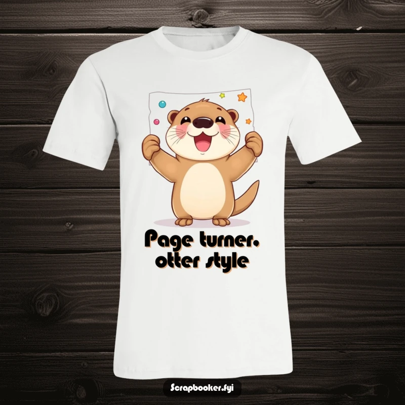 Funny t-shirt with a joyful otter proudly displaying a finished decorated page, expressing artistic accomplishment.