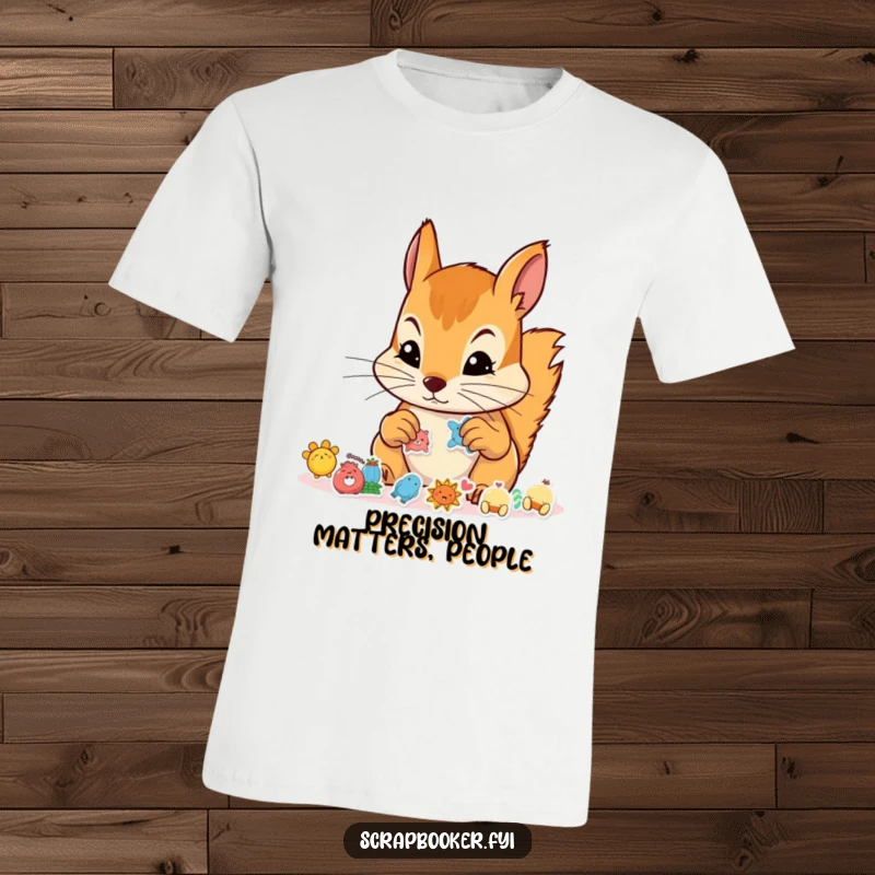 Funny t-shirt featuring a determined squirrel intently placing small stickers, perfect for craft lovers and humor enthusiasts.