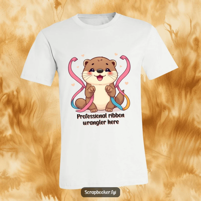 Funny Otter T-Shirt: Cheerful otter with tiny paws carefully arranging a cascade of colorful ribbons, a joyous crafting moment.