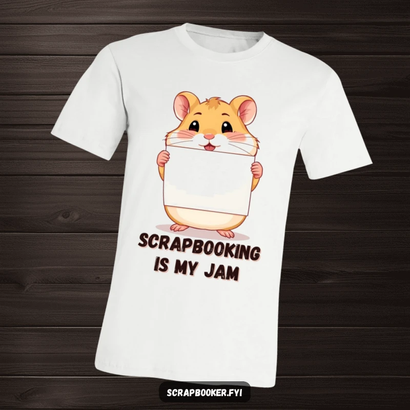 Funny proud hamster holding up a completed scrapbook page on a t-shirt, capturing the joy of crafting.
