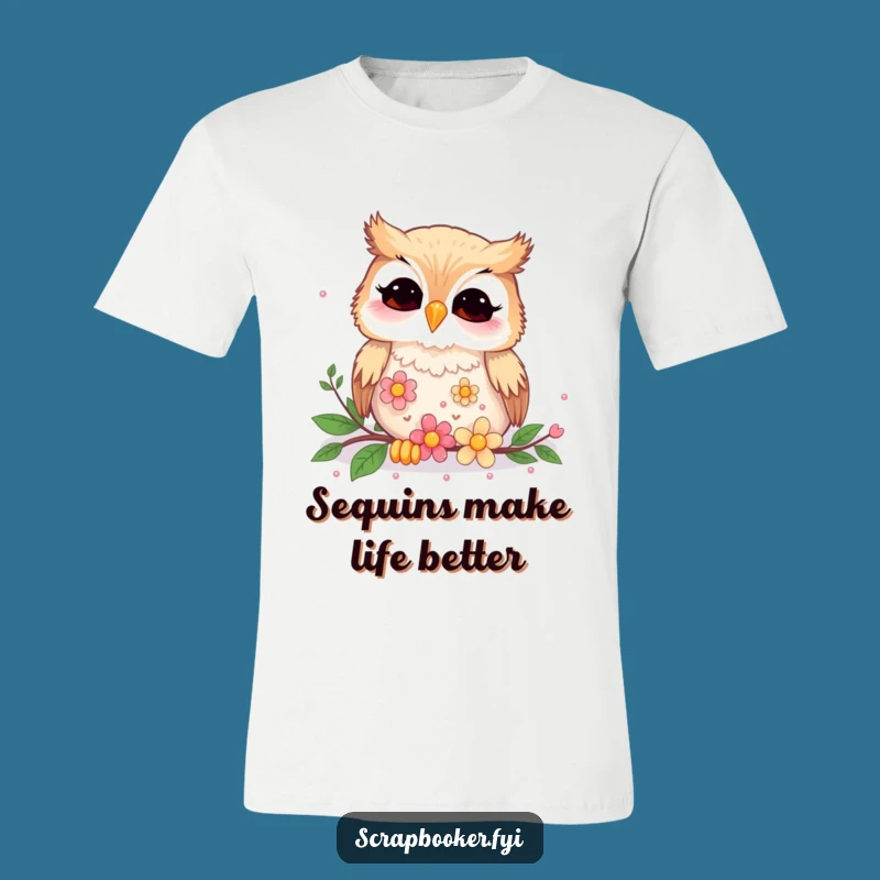 Funny Giggling Owl Arranging Flower Sequins T-Shirt - Hilarious Crafting Apparel