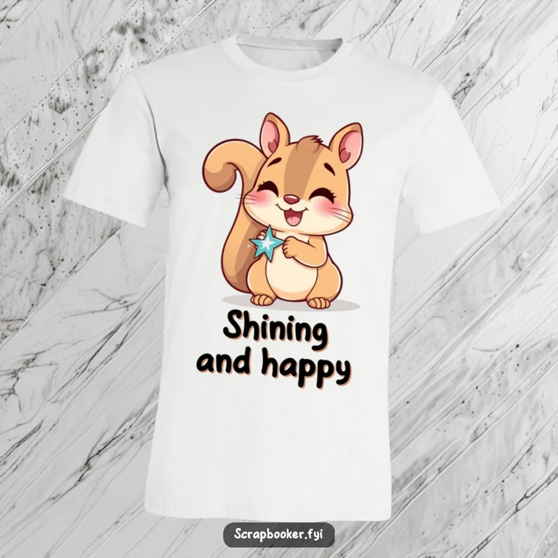 Funny T-Shirt featuring a delighted squirrel smiling as it glues a sparkly sticker onto a page.