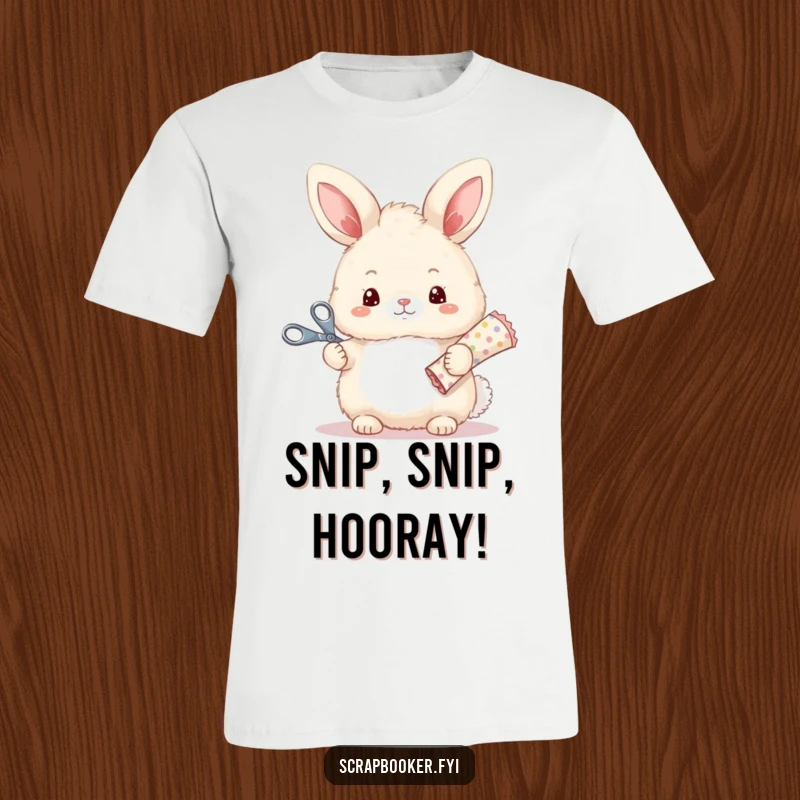 Funny t-shirt featuring a fluffy bunny holding crafting scissors and patterned paper, ready for creative projects.