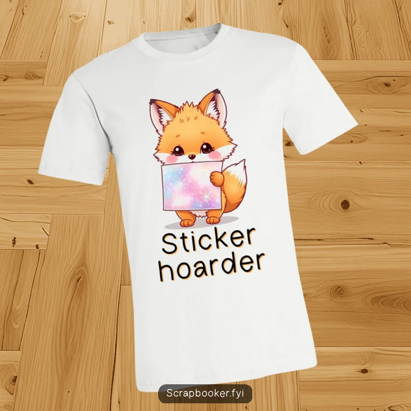 Funny t-shirt showing a fluffy fox cub holding a giant sparkly sticker sheet, expressing pure joy.