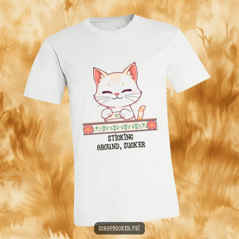 Funny cat tape t-shirt featuring a smirking cat peeling tape, perfect for cat lovers and as a funny gift.