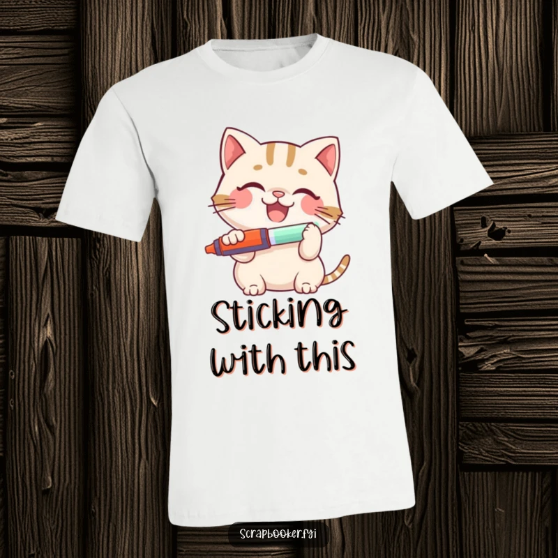 Funny Cat T-Shirt: Smiling cat artistically applying glue with a stick, celebrating crafting, a humorous and cute fan tee.