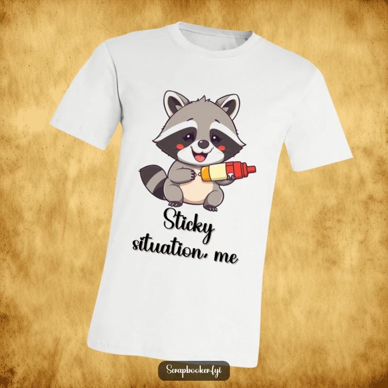 Funny t-shirt graphic of a mischievous raccoon grinning with delight while using a glue stick, celebrating creativity.