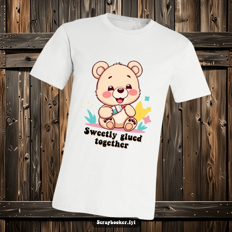 Funny t-shirt depicting a joyous bear cub with a glue stick, proudly smiling at a colorful paper cut-out.